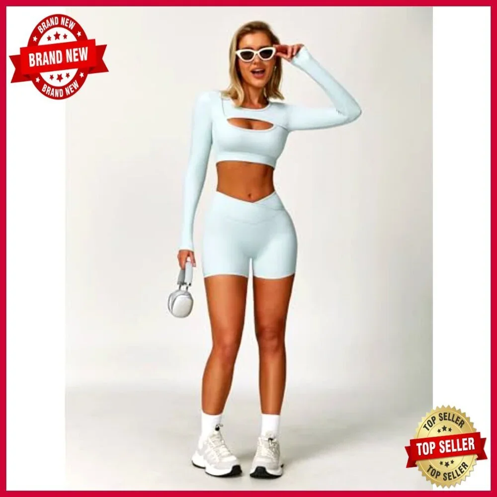 High Waisted Pleated A-Line Skirt Long Sleeve Cutout Crop Top Workout Set - Picture 4 of 5
